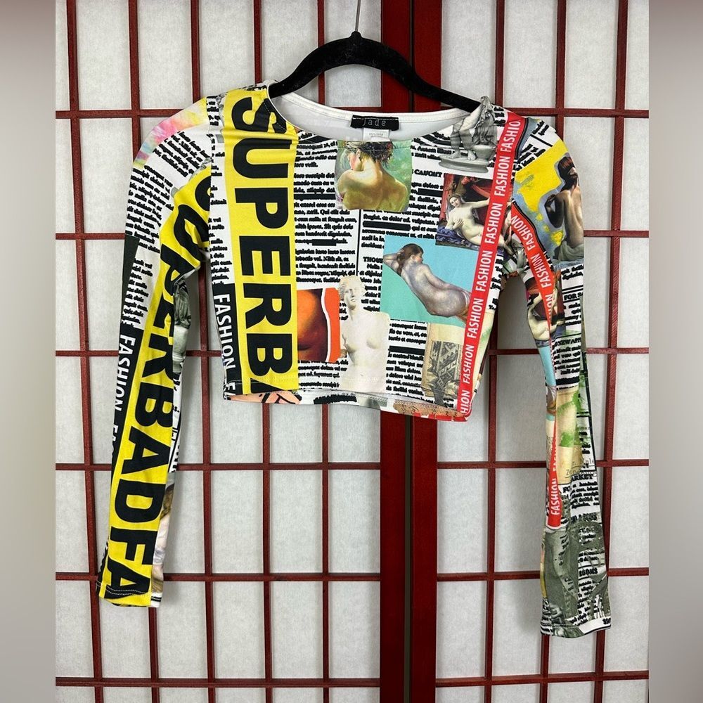 Vintage Y2K Newspaper Printed Art Eccentric Vapor Wave Cropped Long Sleeve Shirt